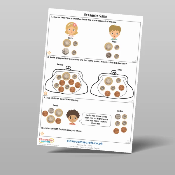 An image of the Recognise Coins Homework Resource