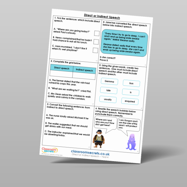 Year 4 Direct Or Indirect Speech Mixed Activity Resource | Classroom ...