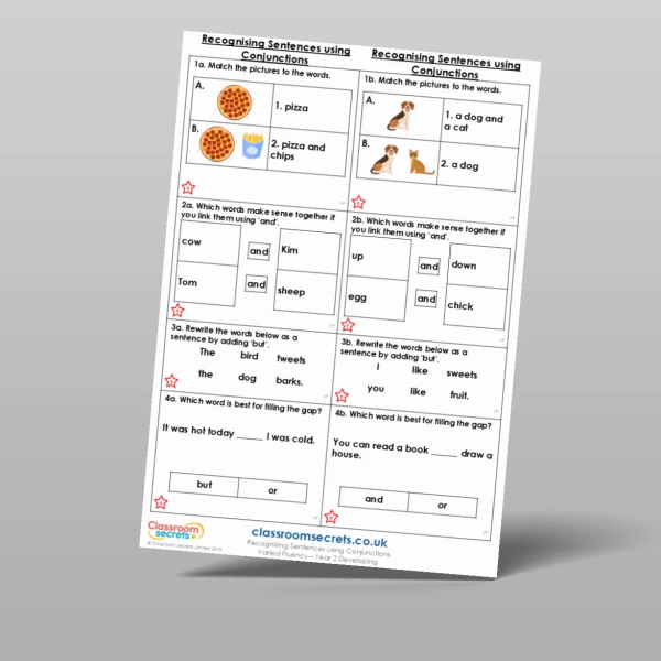 An image of the Recognising Sentences using Conjunctions Varied Fluency Resource