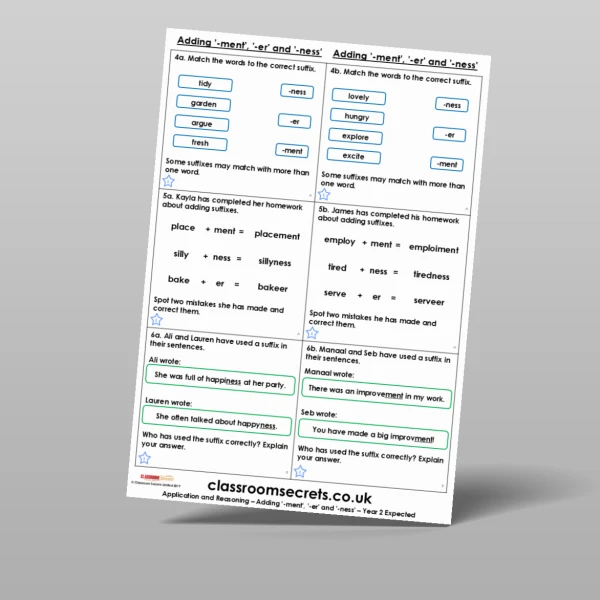 An image of the Adding '-ment', '-er' and '-ness' Application and Reasoning Resource