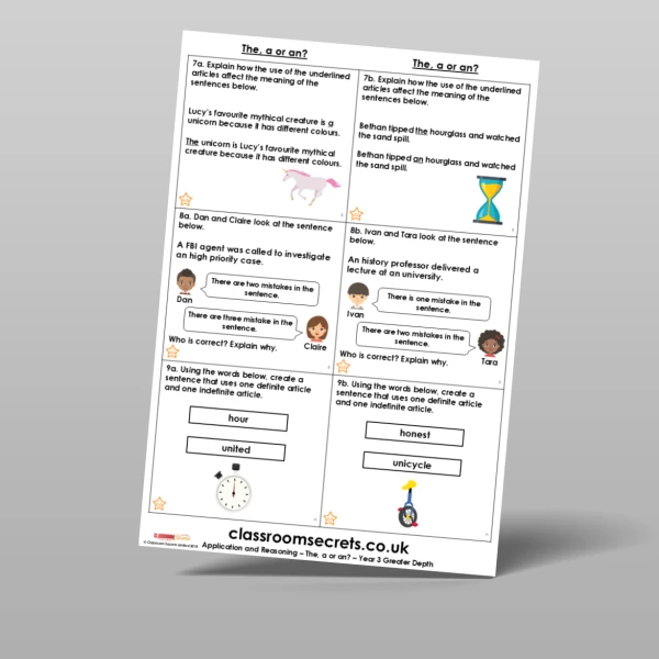 An image of the The, a or an? Application and Reasoning Resource