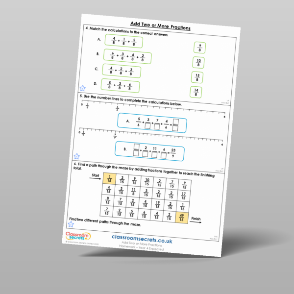 Year 4 Add Two Or More Fractions Homework Resource | Classroom Secrets