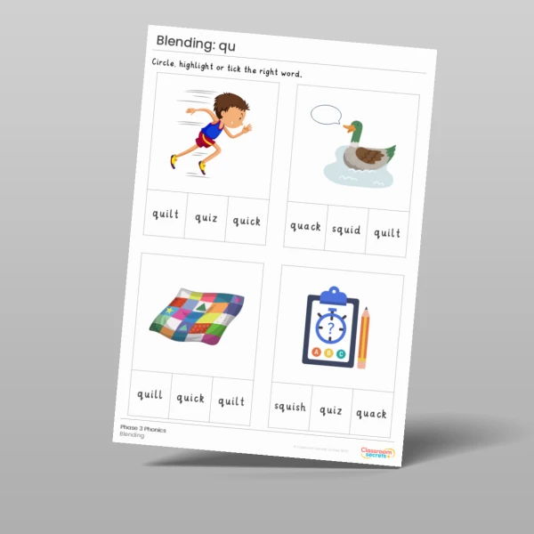 An image of the Phonics Blending Activities: qu Resource