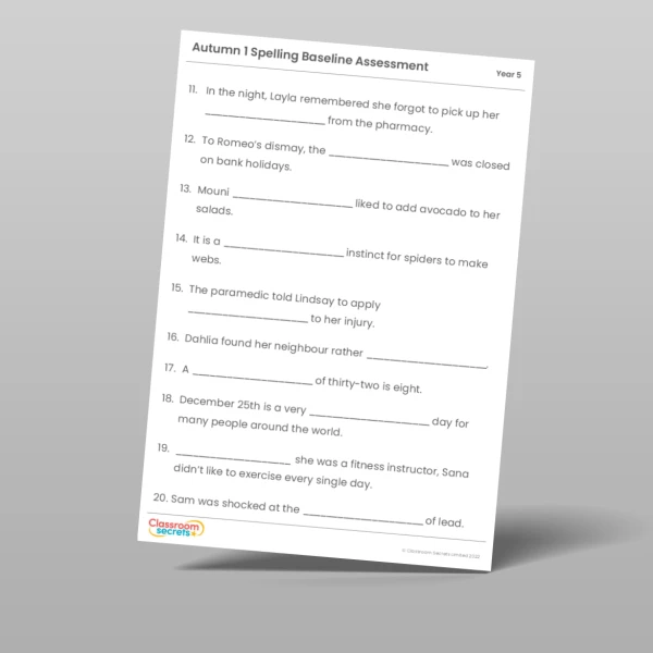 An image of the Autumn 1 Baseline Assessment Resource