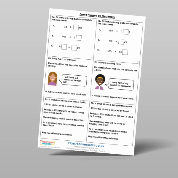 An image of the Percentages as Decimals Reasoning and Problem Solving Resource