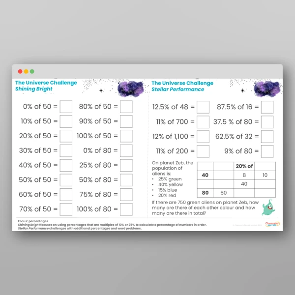 An image of the Challenge 15 The Universe Percentages Times Tables Resource