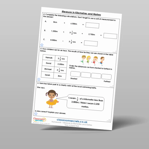 An image of the Measure in Kilometres and Metres Homework Resource