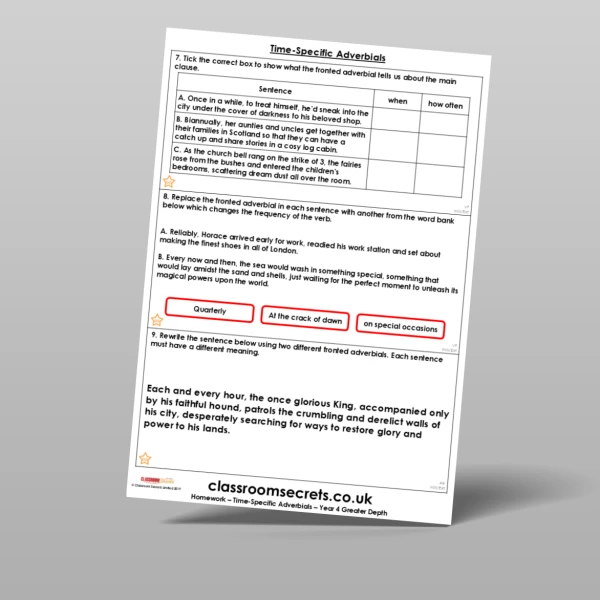 An image of the Time-Specific Adverbials Homework Resource