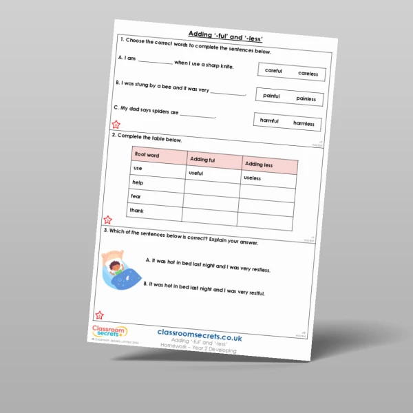 An image of the Adding '-ful' and '-less' Homework Resource