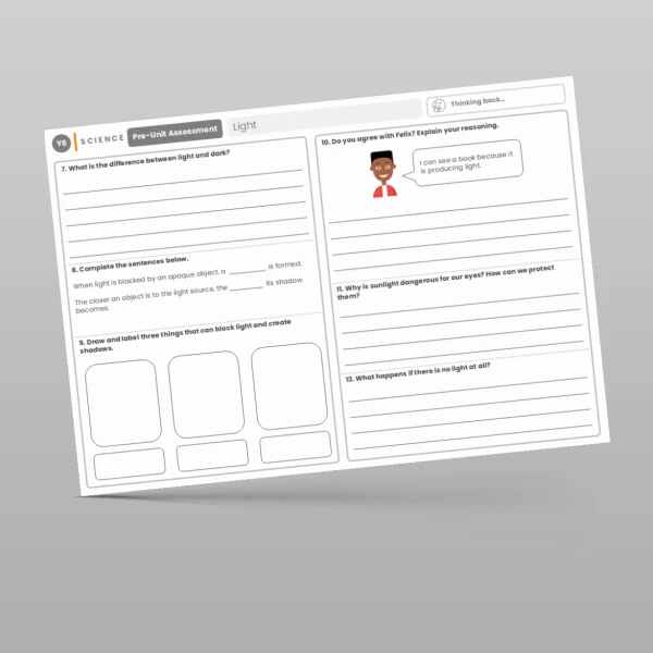 An image of the Light Pre-Unit Assessment Resource