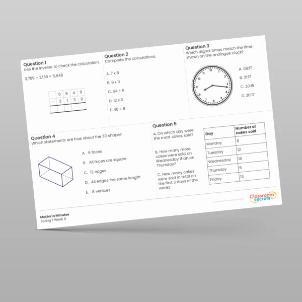 An image of the Spring 1 Week 6 Maths in Minutes Resource