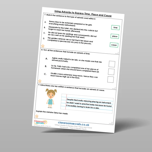 An image of the Using Adverbs to Express Time, Place and Cause Homework Resource