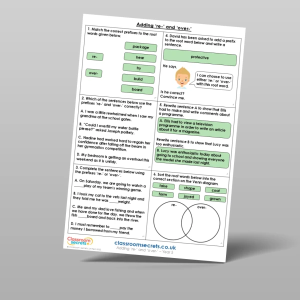 An image of the Adding 're-' and 'over-' Mixed Activity Resource