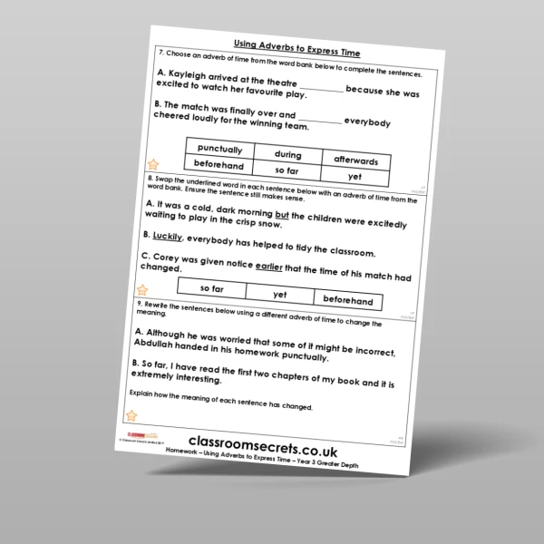 An image of the Using Adverbs to Express Time Homework Resource