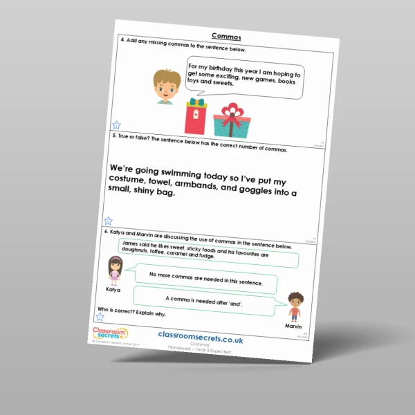 An image of the Commas Homework Resource