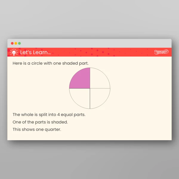 An image of the Recognise a Quarter of an Object or a Shape Teaching PPT Resource