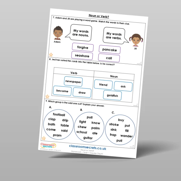 An image of the Noun or Verb? Homework Resource