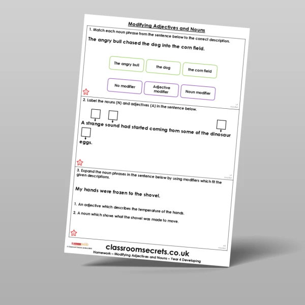 An image of the Modifying Adjectives and Nouns Homework Resource