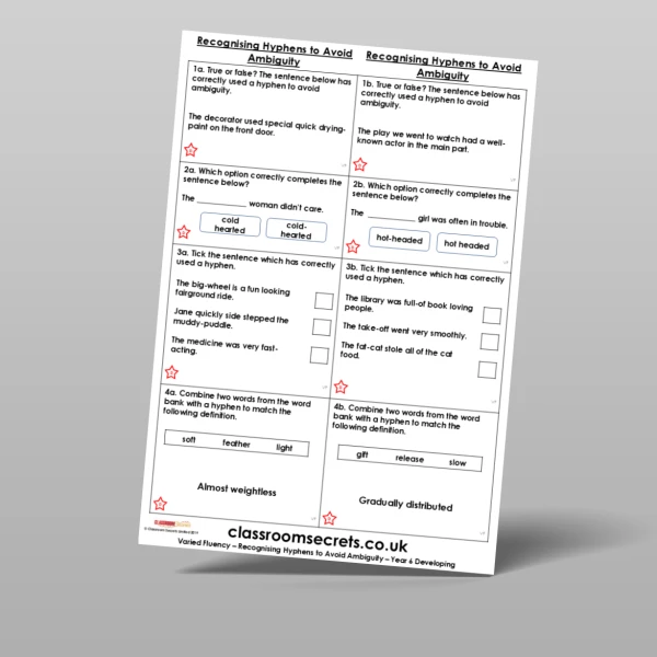 An image of the Free Recognising Hyphens to Avoid Ambiguity Varied Fluency Resource