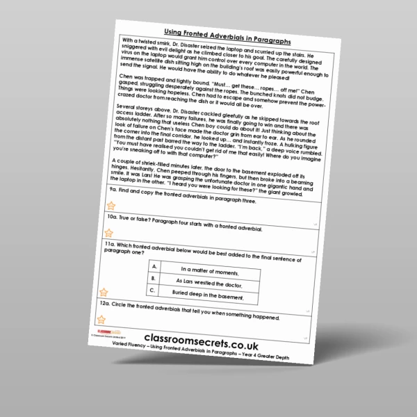 An image of the Using Fronted Adverbials in Paragraphs Varied Fluency Resource