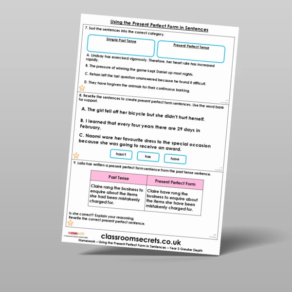 An image of the Using the Present Perfect Form in Sentences Homework Resource