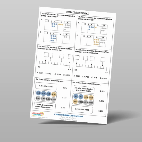 An image of the Place Value within 1 Varied Fluency Resource