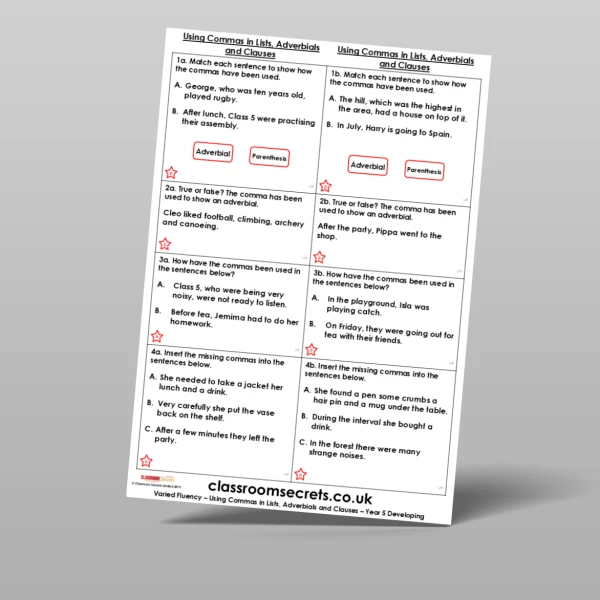 An image of the Free Using Commas in Lists, Adverbials and Clauses Varied Fluency Resource