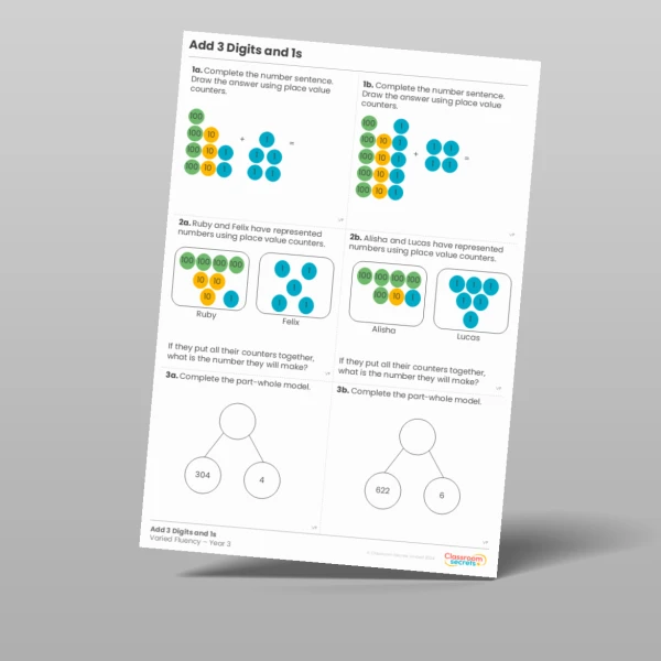 An image of the Add 3 Digits and 1s Varied Fluency Resource