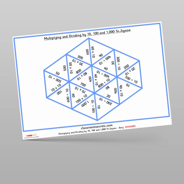 An image of the Multiplying and Dividing by 10, 100 and 1,000 Tri-Jigsaw Resource