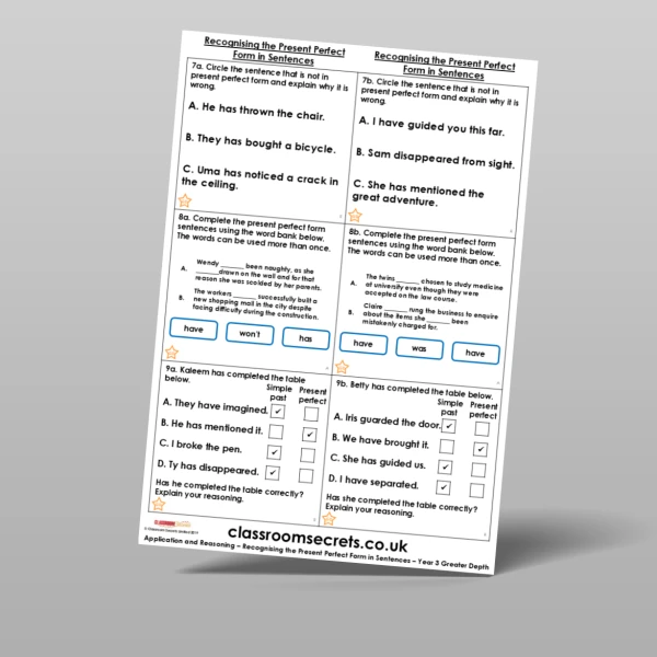 An image of the Free Recognising the Present Perfect Form in Sentences Application and Reasoning Resource
