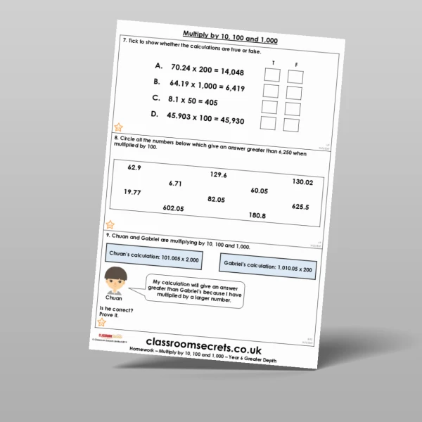 An image of the Multiply by 10, 100 and 1,000 Homework Resource
