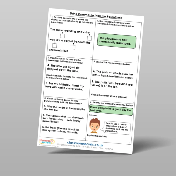 An image of the Using Commas to Indicate Parenthesis Prior Learning Resource