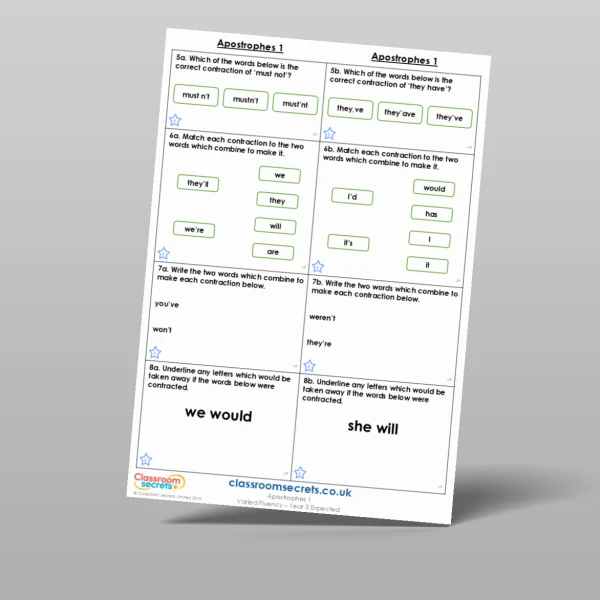 An image of the Apostrophes 1 Varied Fluency Resource
