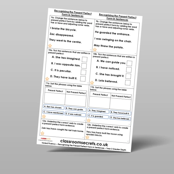 An image of the Free Recognising the Present Perfect Form in Sentences Varied Fluency Resource