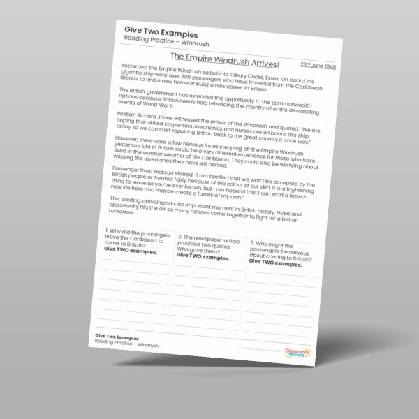 An image of the Give Two Examples Windrush Reading Test Practice Resource