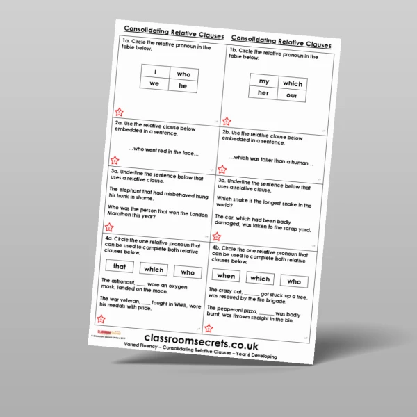 An image of the Free Consolidating Relative Clauses Varied Fluency Resource