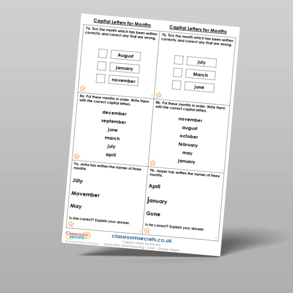 An image of the Capital Letters for Months Application and Reasoning Resource