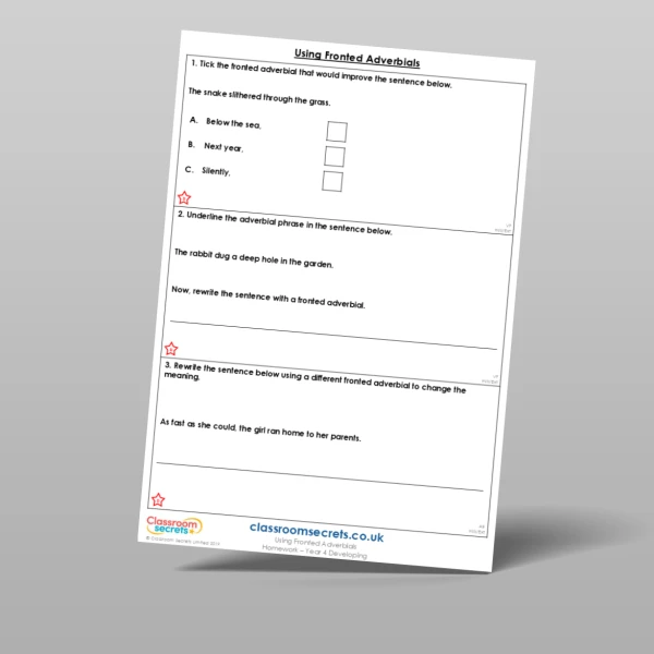 An image of the Using Fronted Adverbials Homework Resource