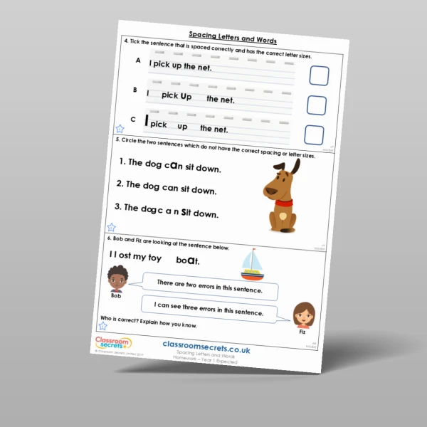 An image of the Spacing Letters and Words Homework Resource