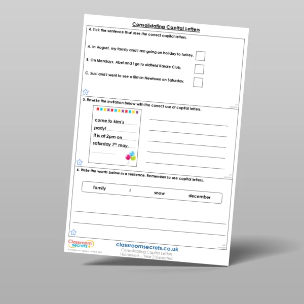 An image of the Consolidating Capital Letters Homework Resource