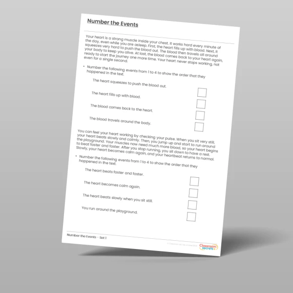 An image of the Number the Events Reading Practice - The Heart Resource