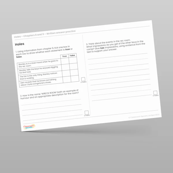 An image of the Reading Skills - Holes - Chapters 8 and 9 Resource
