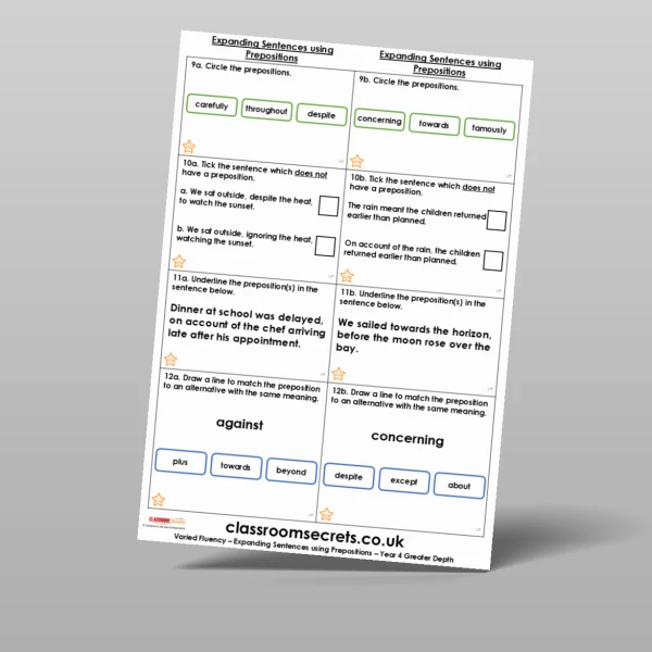 An image of the Expanding Sentences using Prepositions Varied Fluency Resource