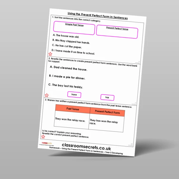 An image of the Using the Present Perfect Form in Sentences Homework Resource
