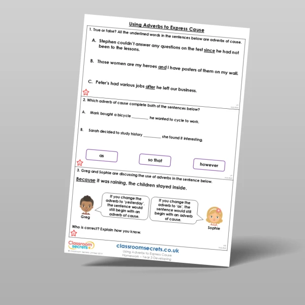 An image of the Using Adverbs to Express Cause Homework Resource