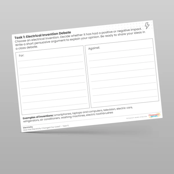 An image of the Lesson 6: Electrical Invention Debate Worksheet Resource