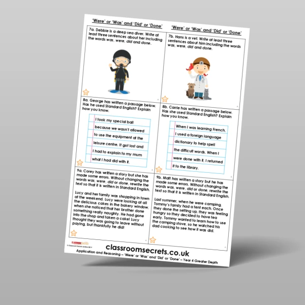 An image of the Free 'Were' or 'Was' and 'Did' or 'Done' Application and Reasoning Resource