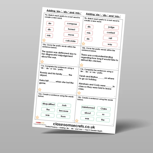 An image of the Free Adding 'de-', 'dis-', and 'mis-' Varied Fluency Resource
