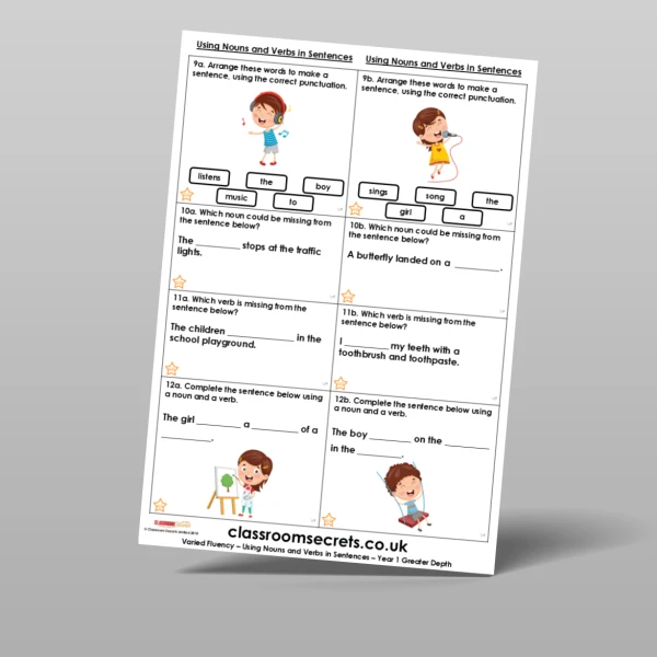An image of the Using Nouns and Verbs in Sentences Varied Fluency Resource