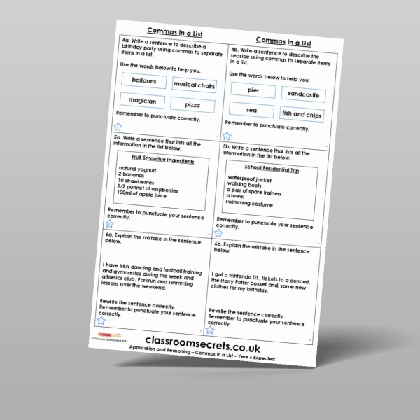An image of the Commas in a List Application and Reasoning Resource